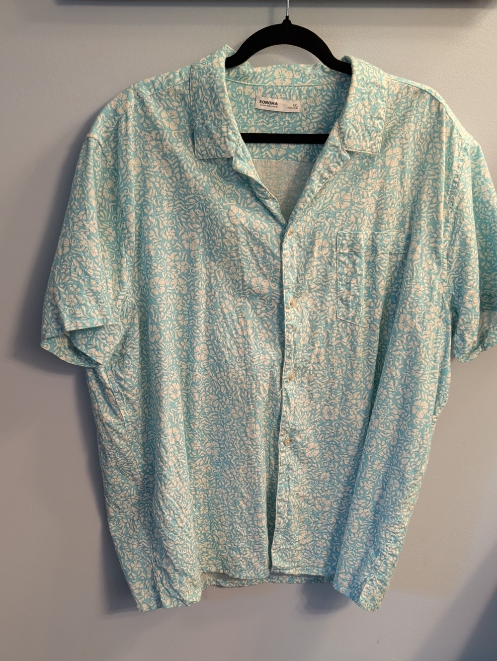 Sonoma Light Aqua Floral Short Sleeve Button-Down Shirt